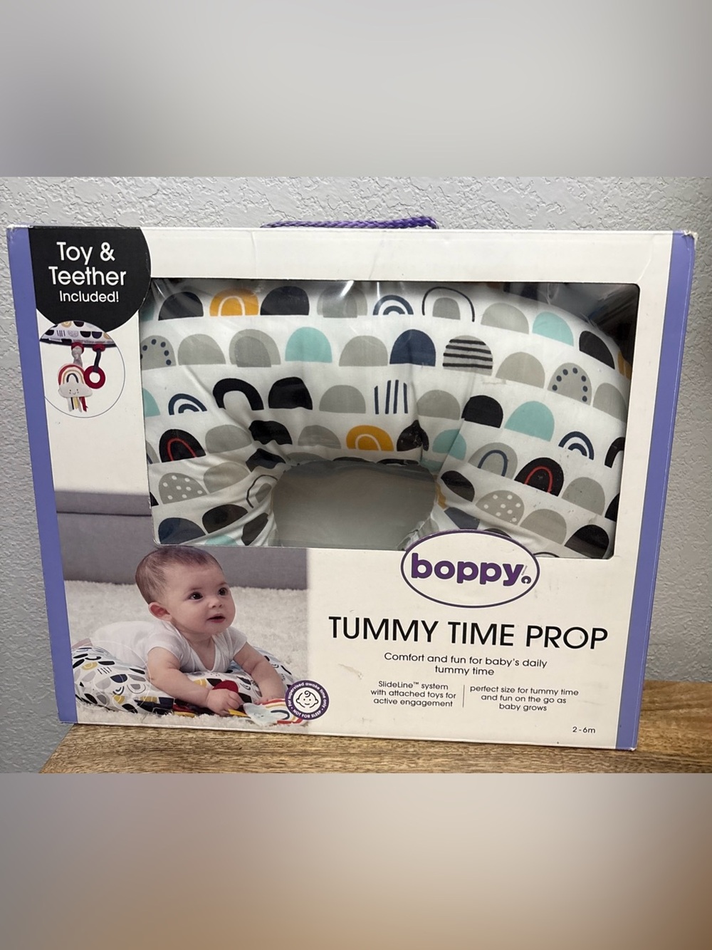 Boppy Tummy Time Prop, Black and White Modern Rainbows with Two Removable Toys